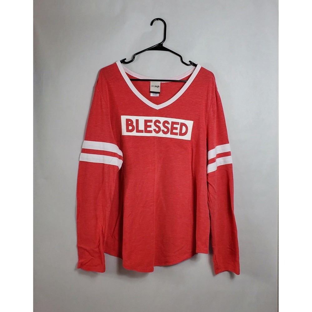 Jerry Leigh Juniors Blessed V Neck Long Sleeve T Shirt Red White XXLG‎